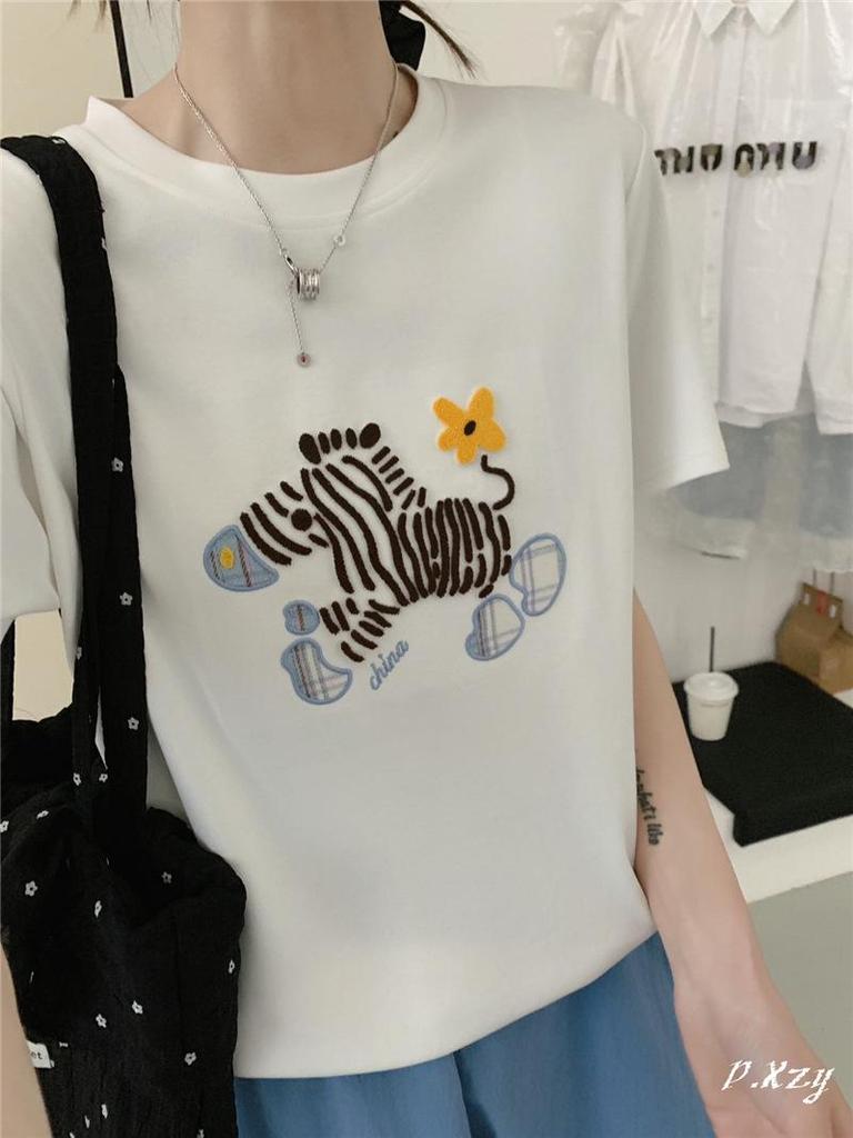 Korean Style Cartoon Zebra Embroidery Women's Loose Cotton Short Sleeve T-shirt