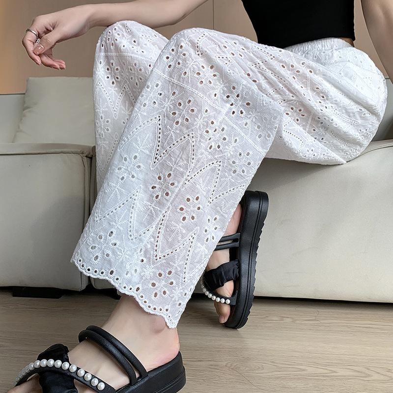 Narrow Version Straight Wide-leg Pants for Women In Summer Loose and Slim White Embroidered Hollow Casual and Versatile Nine-point Cool Pants