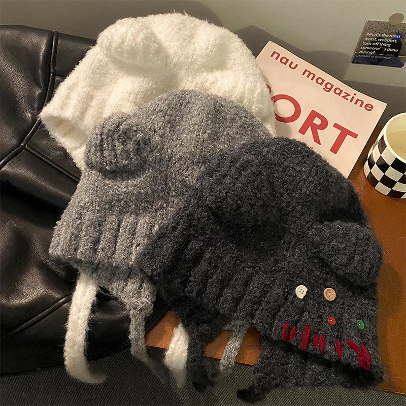 Sweet and Cute Button Bear Ear Hat for Women, Warm and Cold In Autumn and Winter, Small Ear Protector Wool Hat for Showing the Face