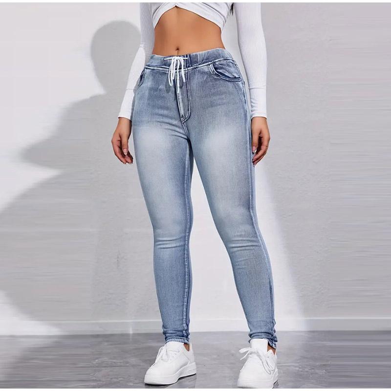 High Stretch Drawstring Denim Inspired Leggings for Women High Waist Slim Fit Lifted Buttocks Solid Color Tight Pants 2025 Spring