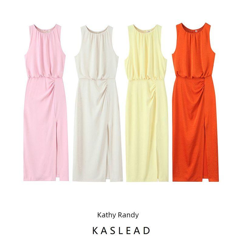 Kaslead New Women clothes Western Style Pleat Decorative Silk Satin Texture Dress 2544313 615