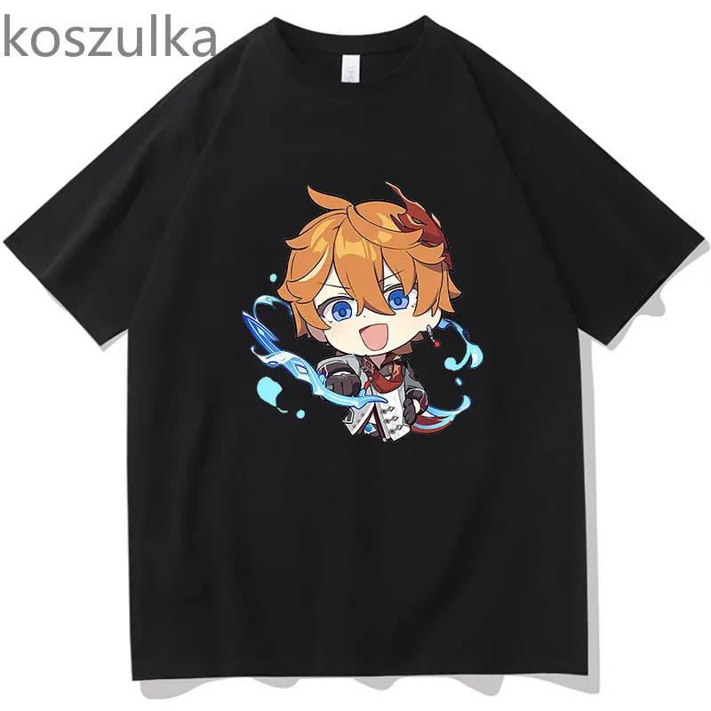 Tartaglia T-Shirt Genshin Impact – Chibi Childe Paar, 100 % Baumwolle, süßer Cartoon-Druck, Damen-Shirt, Sommer, gemütlich, weich, lässige Tops