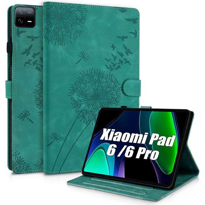 Coque pour Xiaomi Pad 6 / Xiaomi Pad 6 Pro, Etui Anti-Rayures Synthécuir Relief Pissenlit Vert