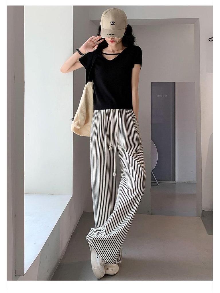 2026 Women's Black & White Striped High Waist Casual Wide-Leg Pants