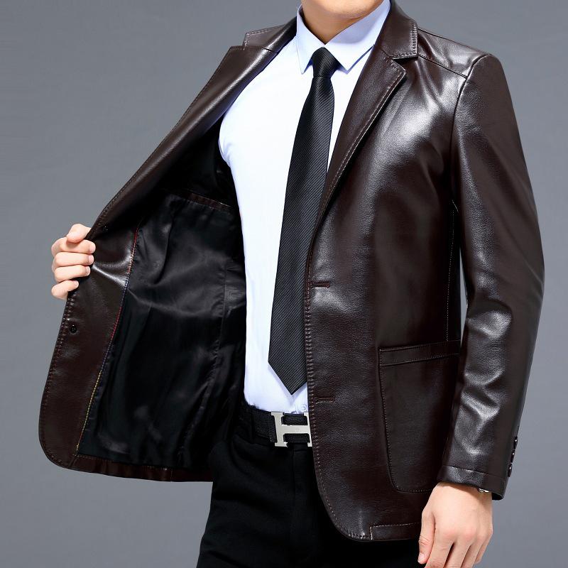 2025 New Men's Slim-Fit Casual Leather Jacket with Suit Collar - Middle-Aged Korean-Style Dad's Coat