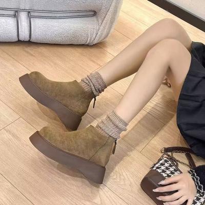 Women's Thick Soled Cotton Shoes Winter New Round Head Suede Back Zipper Anti-slip Wear-resistant Short Boots Platform Heels