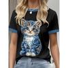 Womens Loose Fit Short Sleeve T-Shirt With 3D Digital Color Block Print Round Neck Casual Top