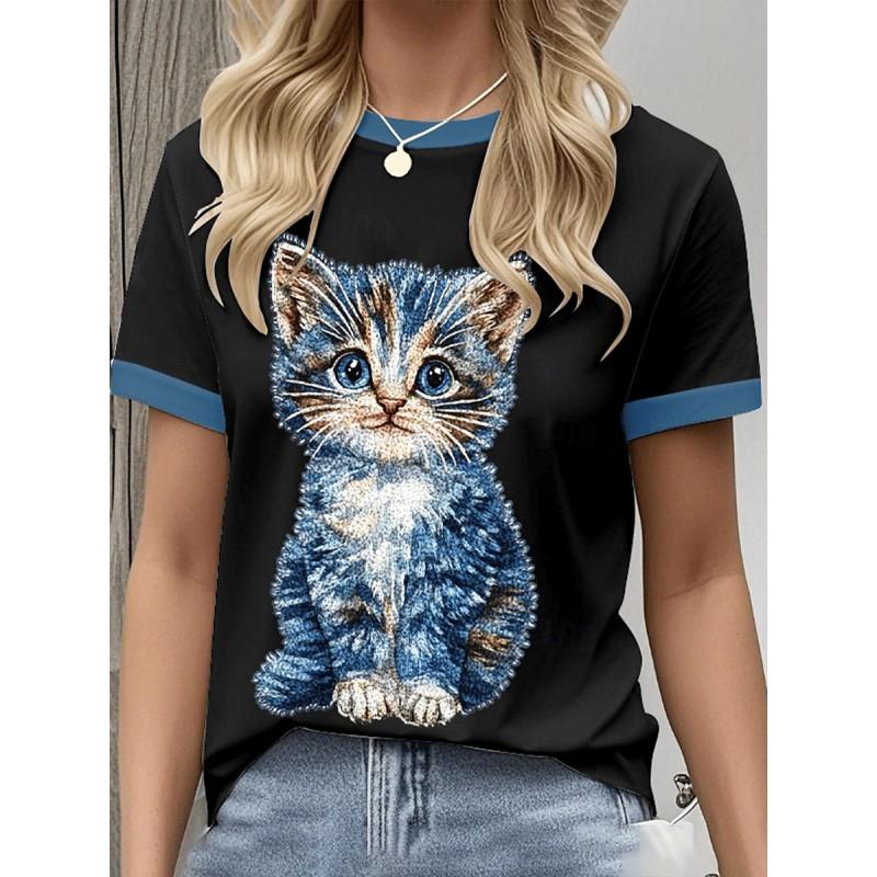 Womens Loose Fit Short Sleeve T-Shirt With 3D Digital Color Block Print Round Neck Casual Top