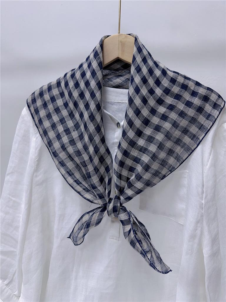 Literary And Elegant Yarn-Dyed Linen Plaid 70Cm Small Square Scarf, Neck Protection Japanese Simple And Versatile Small Scarf