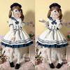 Japanese Style Sweet Cute Sailor Collar Bubble Short Sleeve High Waist Bow A-line Striped Kawaii Lolita Mini Dress Women Summer