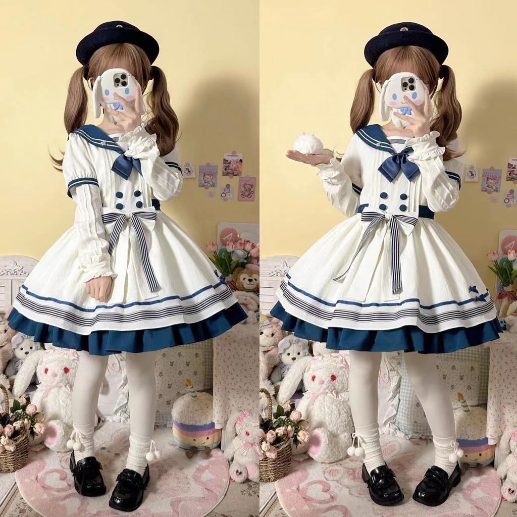 Japanese Style Sweet Cute Sailor Collar Bubble Short Sleeve High Waist Bow A-line Striped Kawaii Lolita Mini Dress Women Summer