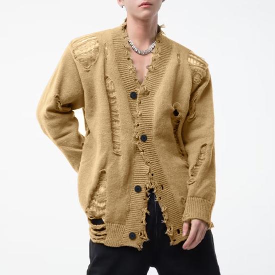 Herren Strickjacke Pullover Mantel Ripped Hole Einfarbig V-Ausschnitt Einreihig Ausgehöhlt Gestrickt Streetwear Hip Hop Club Party Jacke