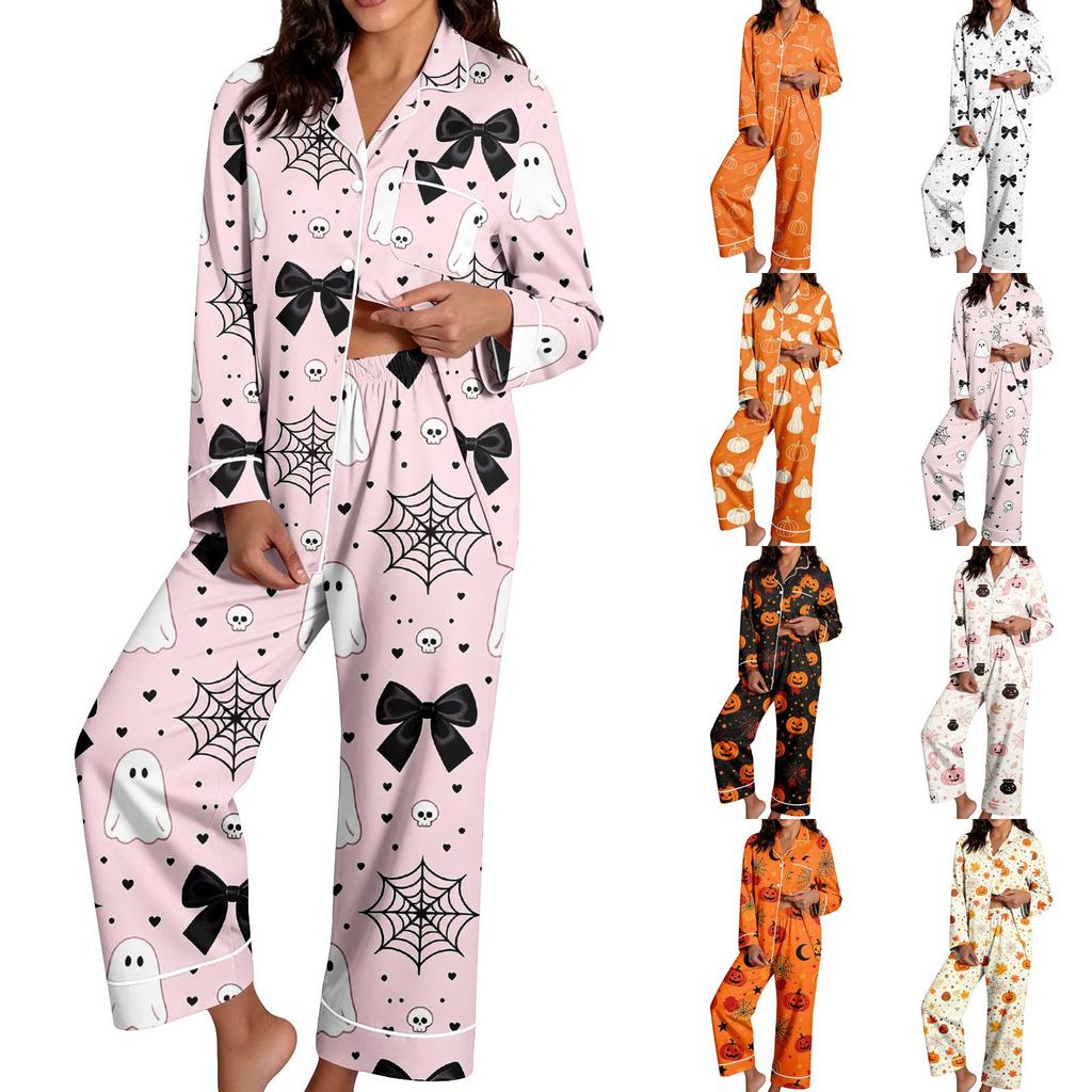 Set Pigiama da Donna a Manica Lunga con Stampa di Halloween e Pantaloni per la Notte