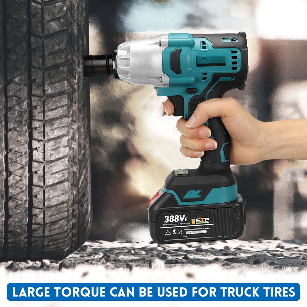 800N.m High Torque Cordless Brushless Electric Impact Wrench 1/2 Inch Power Tools with 2pcs 3.0AH Rechargeable Battery New