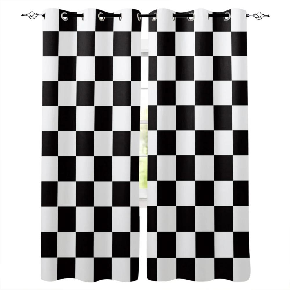 Simple Black&White Stripes Checkerboard Abstract Window Curtains For Kids Bedroom Living Room Bathroom Kicthen Door Hall 2pieces