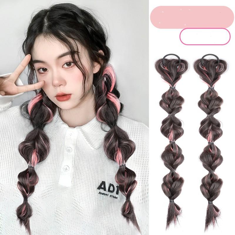 2 Pcs/set Synthetic Bubble Twist Ponytail High Elastic Wig Women Hair Side Natural Lantern Wig Braid Black Tail Hairpiece
