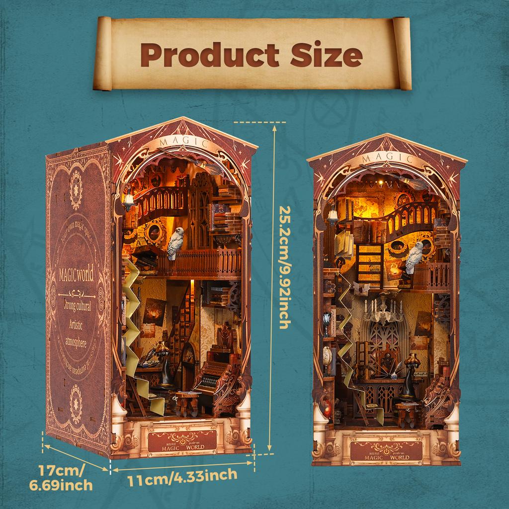 DIY Book Nook Kit Mini 3D Wooden Bookshelf Set with LED Light Halloween Bookshelf Dollhouse Model Bookend Building Home