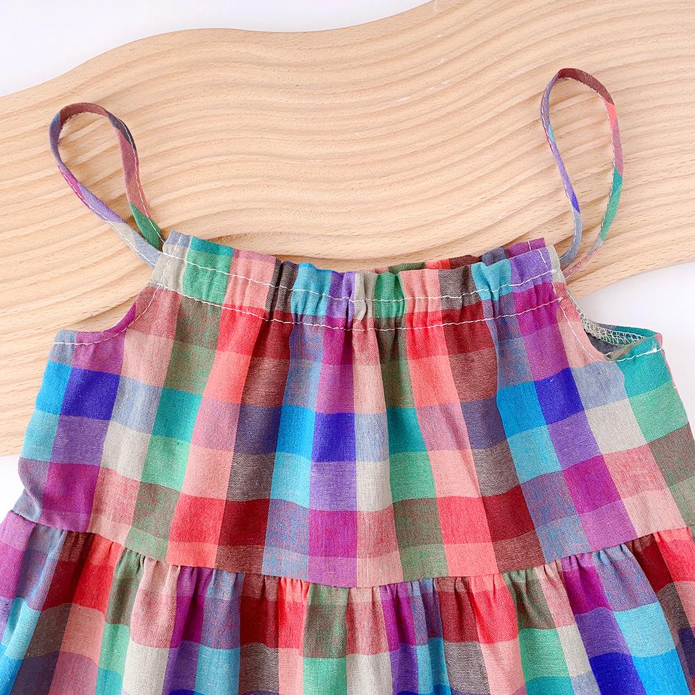 Girls Summer Colorful Plaid Dress Stylish Strap Sundress Fashionable Vacation Princess Dress for Kids
