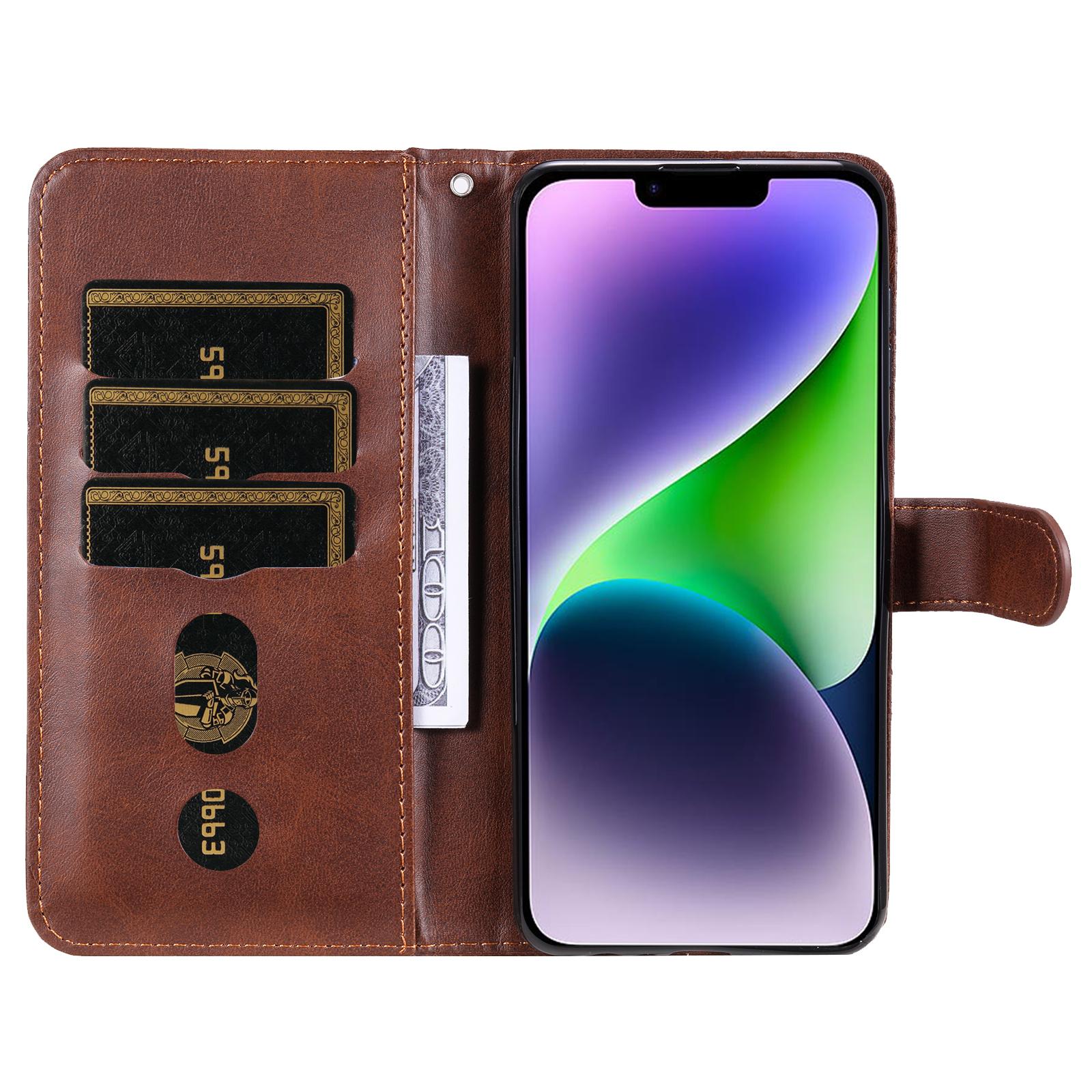 

For iPhone 15 Anti-Scratch Calf Texture Phone Case Wallet Foldable Stand Cover with Zipper Pocket Brown