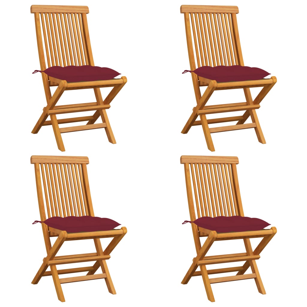 Garden Chairs with Burgundy Cushions 4 pcs Solid Teak Wood