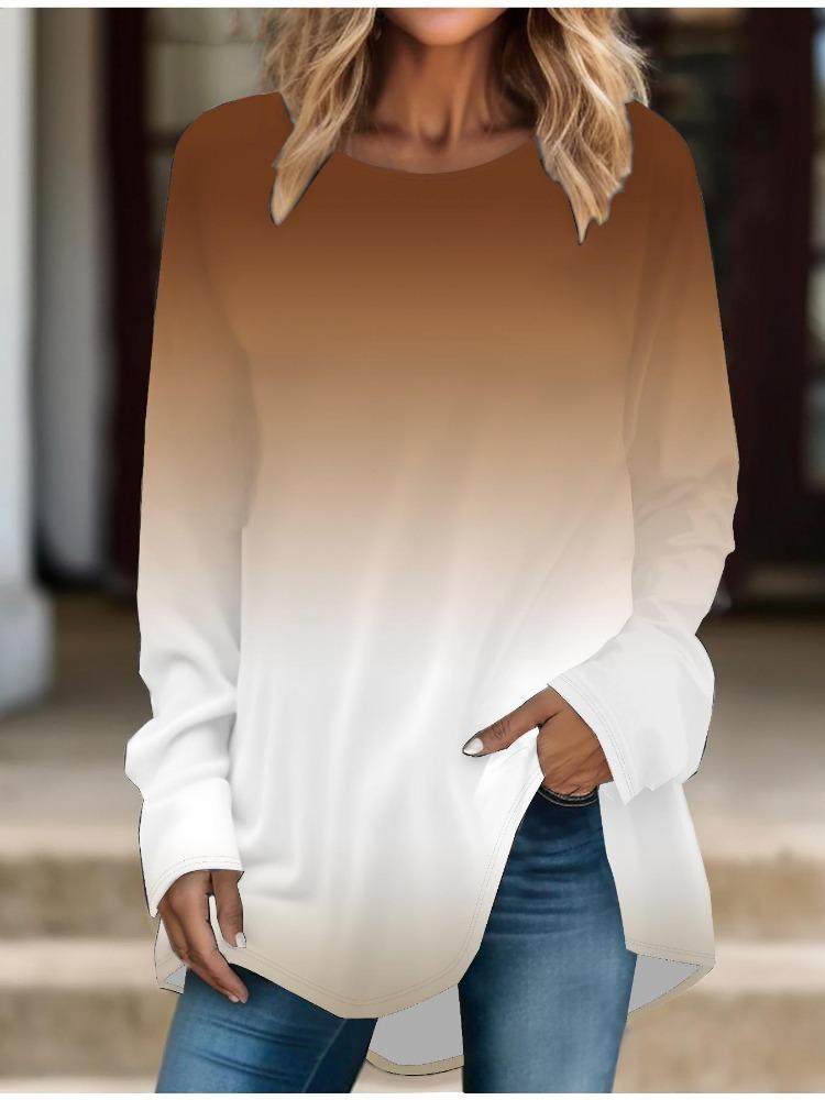 

Spring Gradient Color Printed Long Sleeve T-shirt Round Collar Casual Comfy Baggy Tee Tops Plus Size Women Mid Length XS коричневый