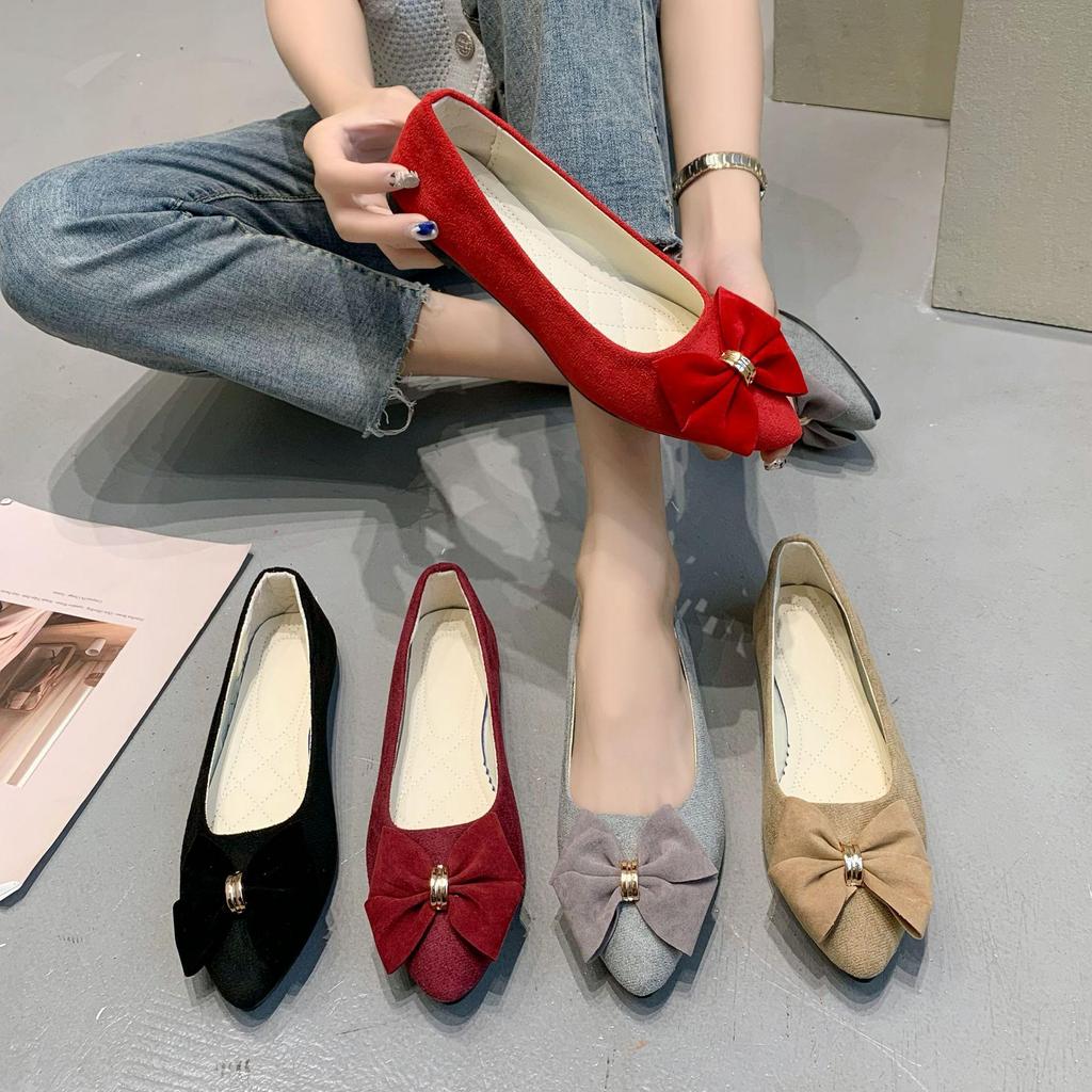 2025 Spring/Autumn Women's Bow Suede Loafers - British Style, Casual, Low-Cut, Plus Size