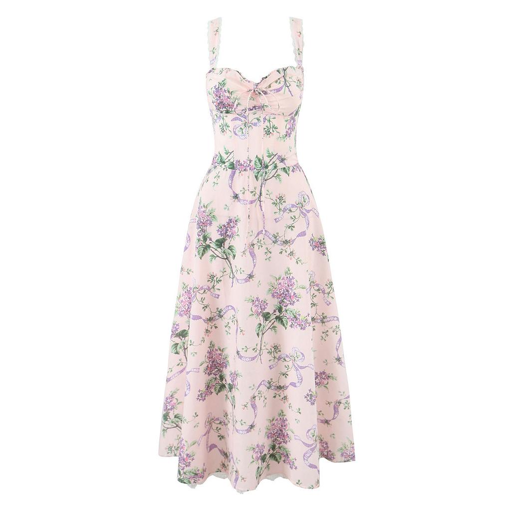 French Sweet Flower Print Suspender Dress Summer New Temperament Waist Thin A Word Medium and Long Dress