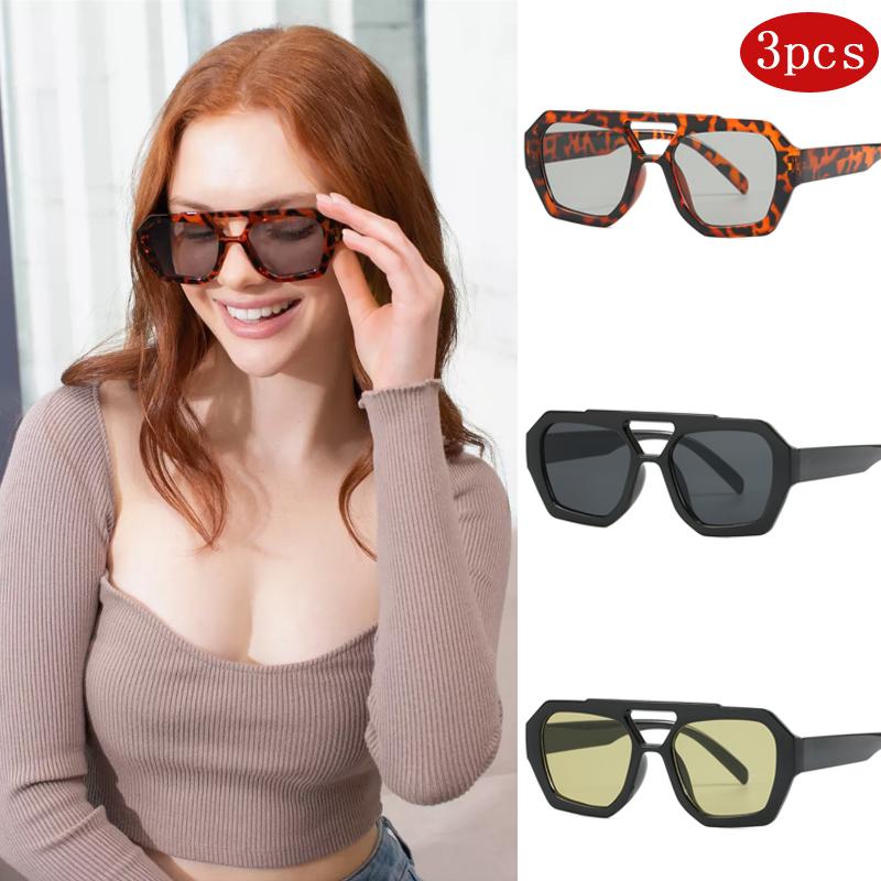 

3pcs Women Double Beam Irregular Sunglasses Simple Fashion Leopard Pattern Design Glasses High Quality Outdoor Sunscreen Glasses