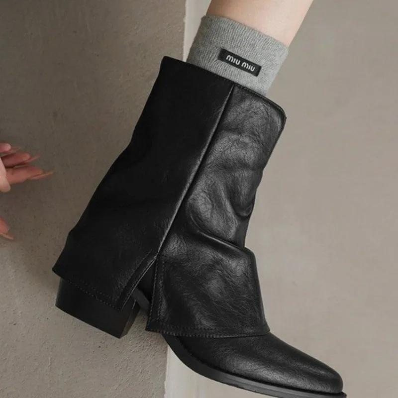 Retro British Style Pointed Ankle Boots for Women 2024 Thick Heel High-heeled Leg Boots Platform Shoes Women