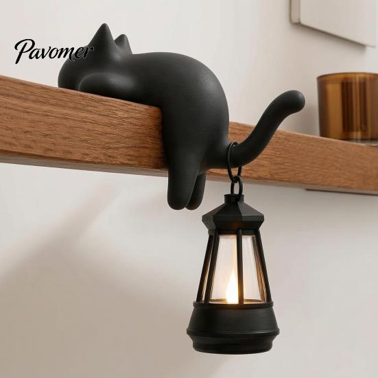 Retro Style Table Lamp Cat Shape Shelf Hook with LED Lantern, Vintage Decorative Light for Lovers Hanging Ornament, Soft Glow Night Bookshelves