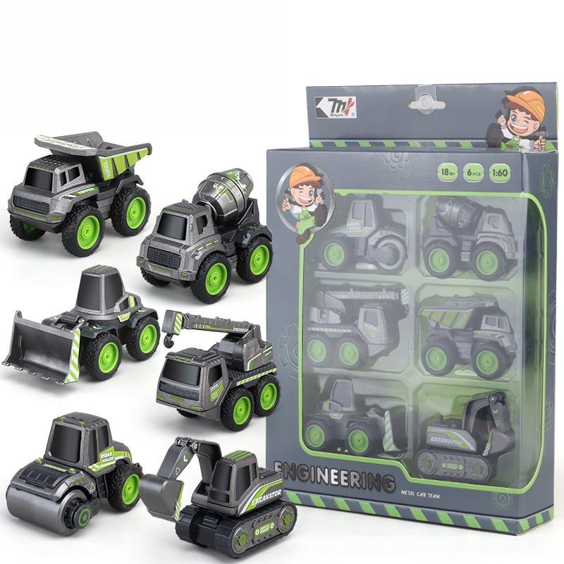 Children's Toy Pull-back Car 6 Black Engineering Fleet Excavator Roller Bulldozer Mixer Crane Model