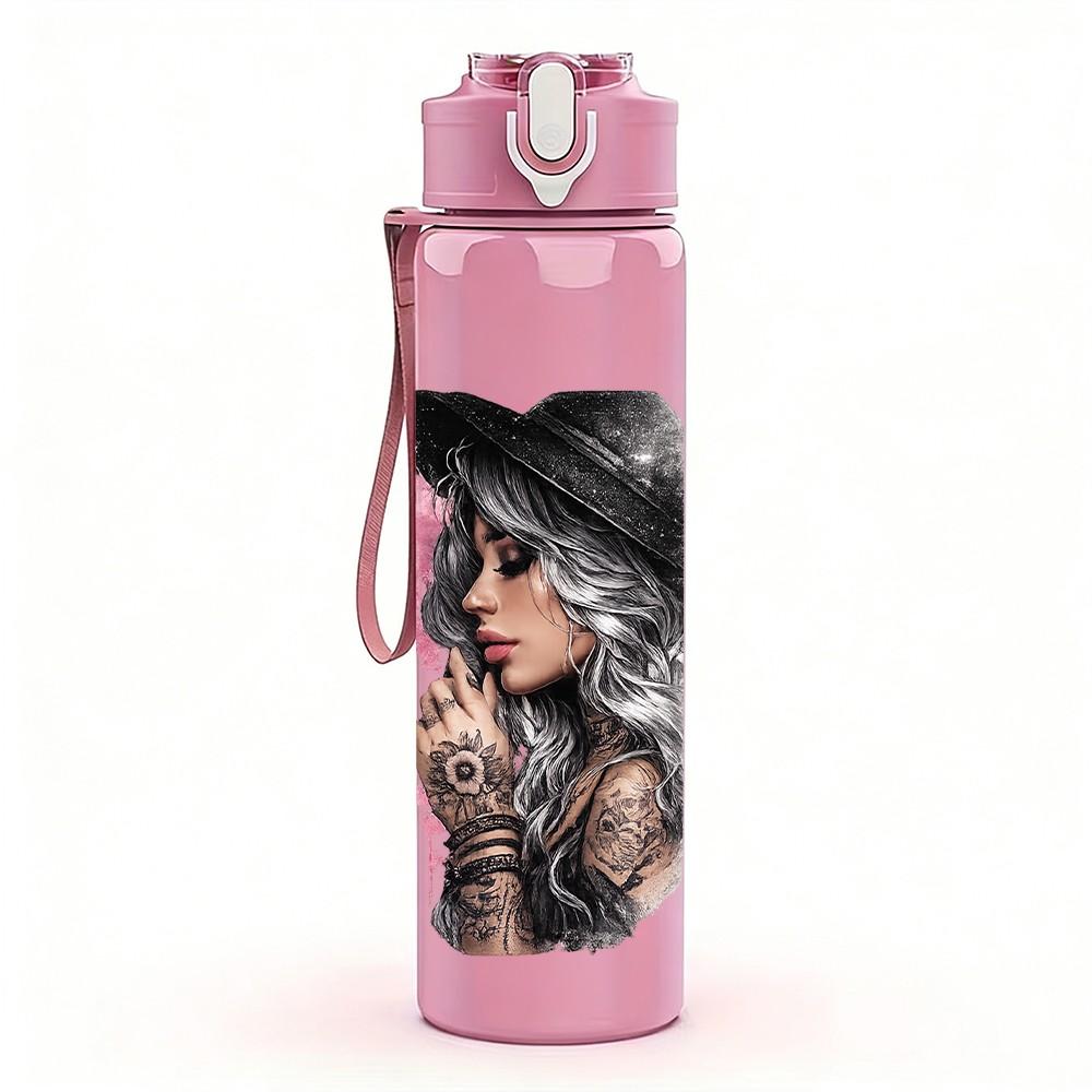1PC Two Woman Dark Portrait Print 750ml Color Plastic Sports Water Bottle Leakproof Flip Straw Lid Suitable for Sports Office Home Use