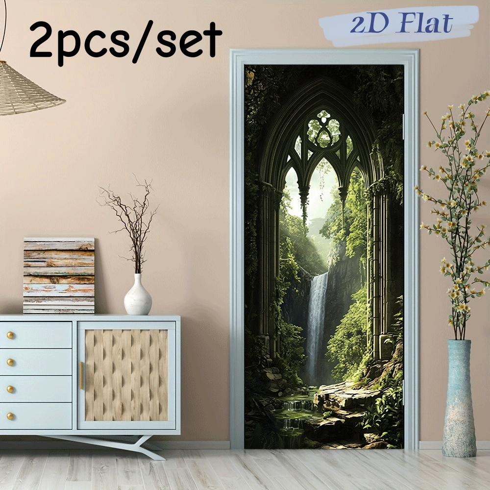 

2pcs Gothic Arched Door Wall Stickers Forest Waterfall Landscape Stickers Living Room Bedroom Entrance Background Wall Decoratio (as the picture,38.5x200cmx2)