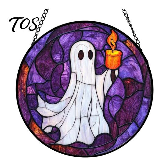 Lightweight Party Signs Halloween Stained Glass Suncatcher Ornament, Vintage Hanging Window Decor with Pumpkin Ghost Bat Witch Waterproof Porch