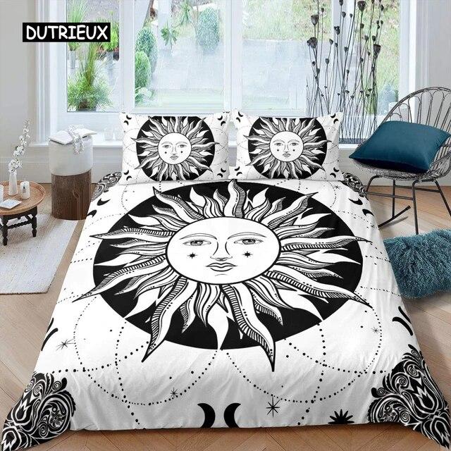 Sun Moon Duvet Cover Set Queen Microfiber Bohemian Black and White Print Yin Yang Comforter Cover Galaxy Star Twin Bedding Set Three Piece Set