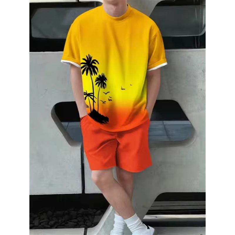 Verão Manga Curta Shorts Férias na Praia Casual Estampa 3D de Palmeira de Coco Conjunto de Praia Roupa Esportiva Masculina
