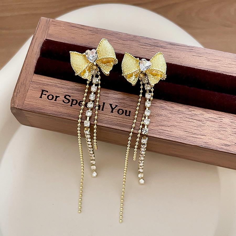 Elegant Rhinestone Bow Heart Tassel Earrings - Silver Needle Fashion Accessories