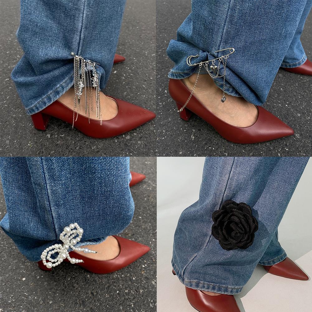 Women Universal Detachable Waist Buckle Jeans Ankle Chain Accessory Adjustable Heart Bow Cross Tassel Style Brooch Pants Decor
