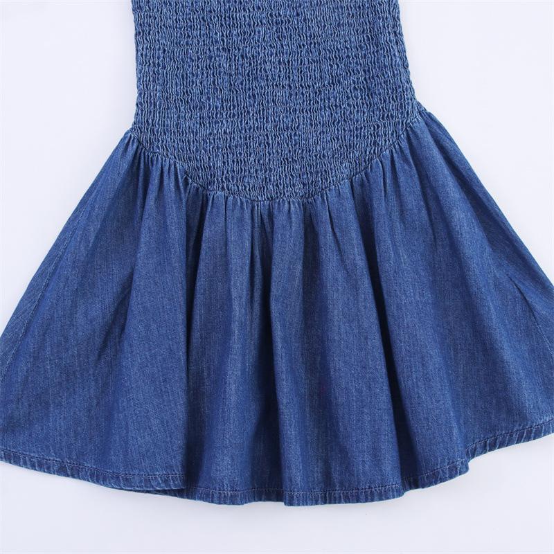 Women's Round Neck Sleeveless Mini Dress Slim Fit Mid Waist Shirred Denim Sundress