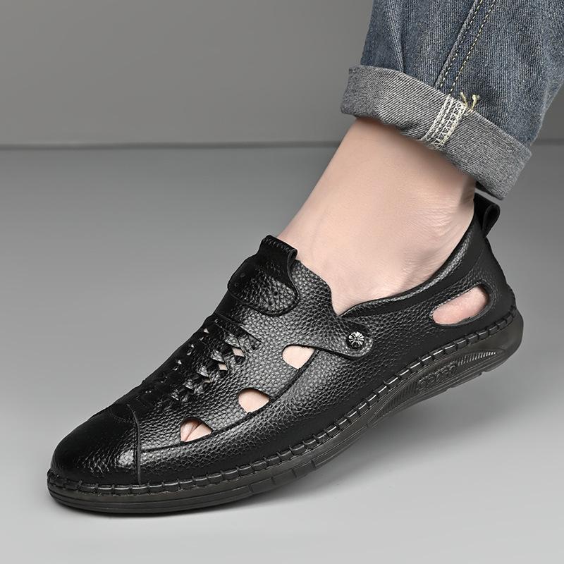 Summer Shoes Men Sandals Genuine Leather Flat Non-slip Holiday Soft Summer Male Footwear Black Beige