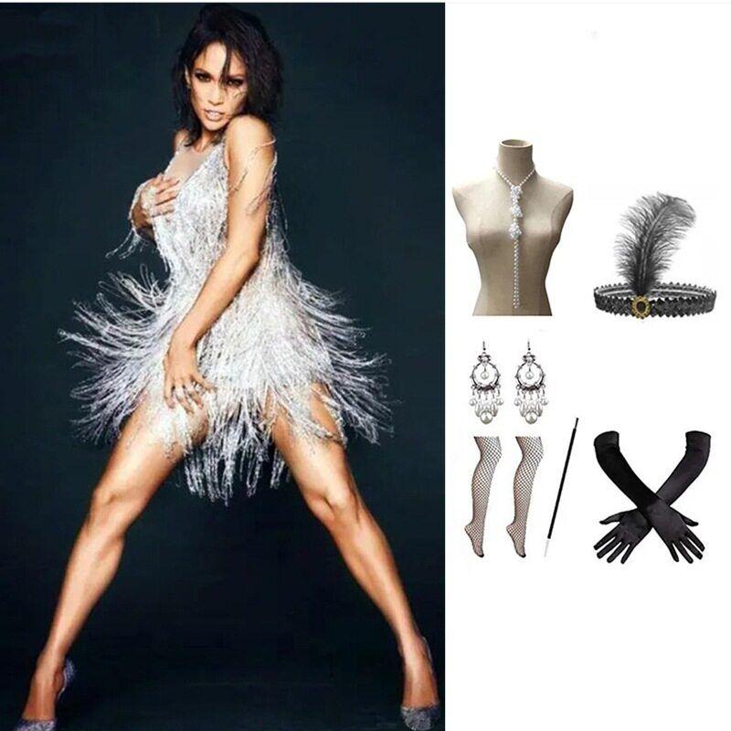 European and American New Style Sequin Dress with Gold Tassels, European and American Dress, Amazon Evening Stage Performance Outfit