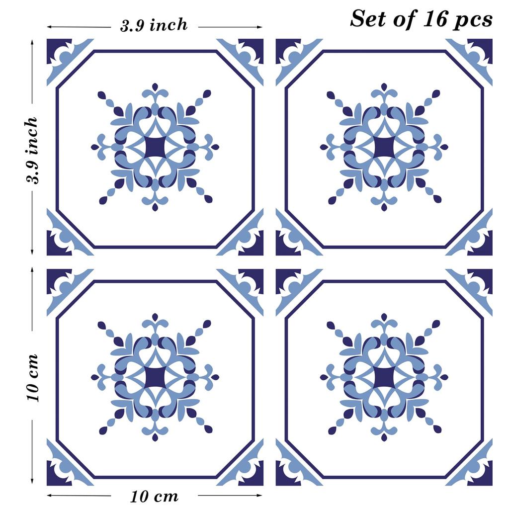 Poromoro Portuguese Spanish Azulejo Tile Stickers Peel and Stick Kitchen Bathroom Mosaic Tile Stickers Set of 16 & (3.9, 70)
