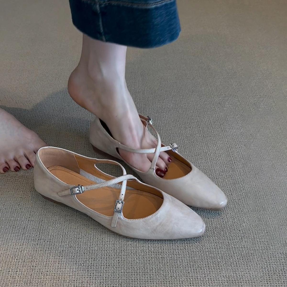 

Sheepskin version~ retro literary style, shallow mouth, genuine leather, Mary Jane shoes, women s commuting cross-buckle round head flat-soled single 35