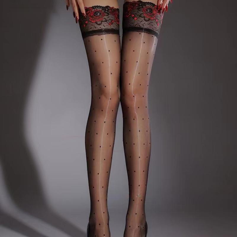 Sexy Black Dot Oil Tight High Elastic Stocking Lace Flower Non-slip Stockings Lady Satin Shiny Ultra-thin Long Socks Pantyhose