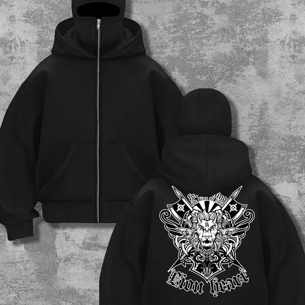 Men's Zipper Hoodie Personalized Pattern Printed Black Jacket, Sports and Leisure Loose Autumn/Winter Hoodie, Outdoor Jacket Retro Trendy Style