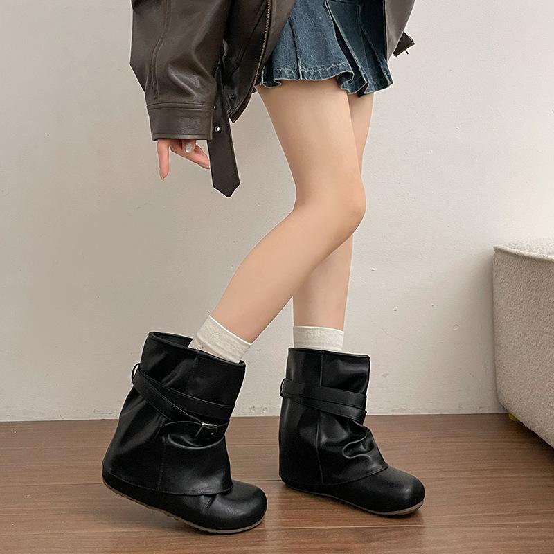 Niche strap design stacking boots handmade retro stacking boots lazy cool thin short boots big tube circumference Martin boots