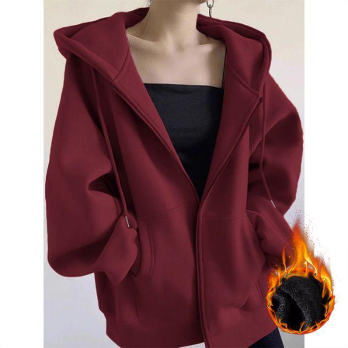 Women's Autumn/Winter Plus Velvet Zipper Cardigan Hoodie - Thick, American-Style, Loose Fit, Slimming Top