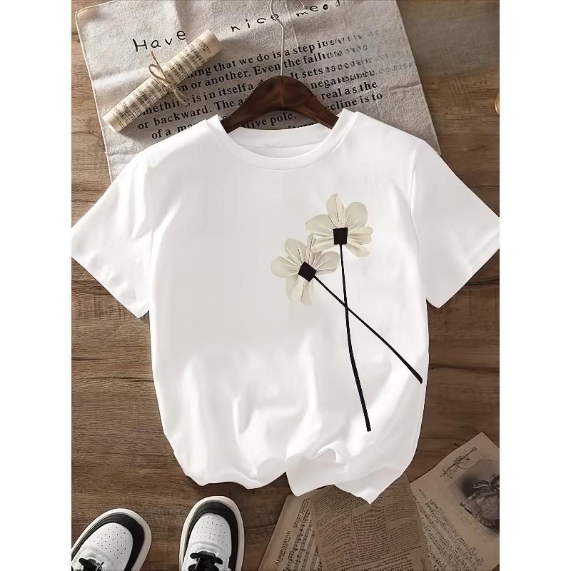 European Size Women's  White Floral Print T-Shirt - Soft Breathable Short Sleeve Round Neck Relaxed Loose Fit Top