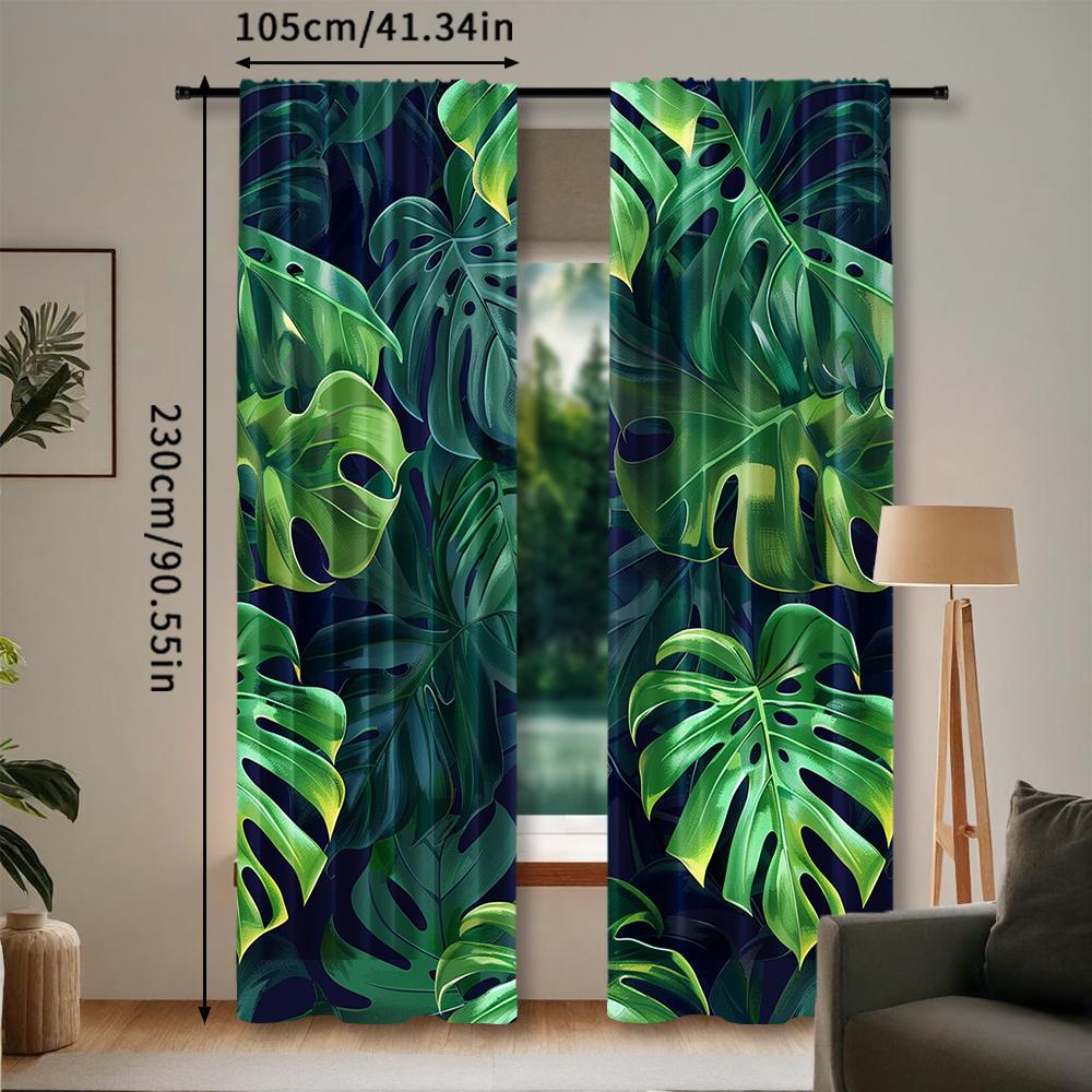 2pcs Tropical Palm Leaf Pattern Semi-Sheer Curtains - 100% Polyester Pongee   Woven Rod Pocket Top   Contemporary Style   Room Dark
