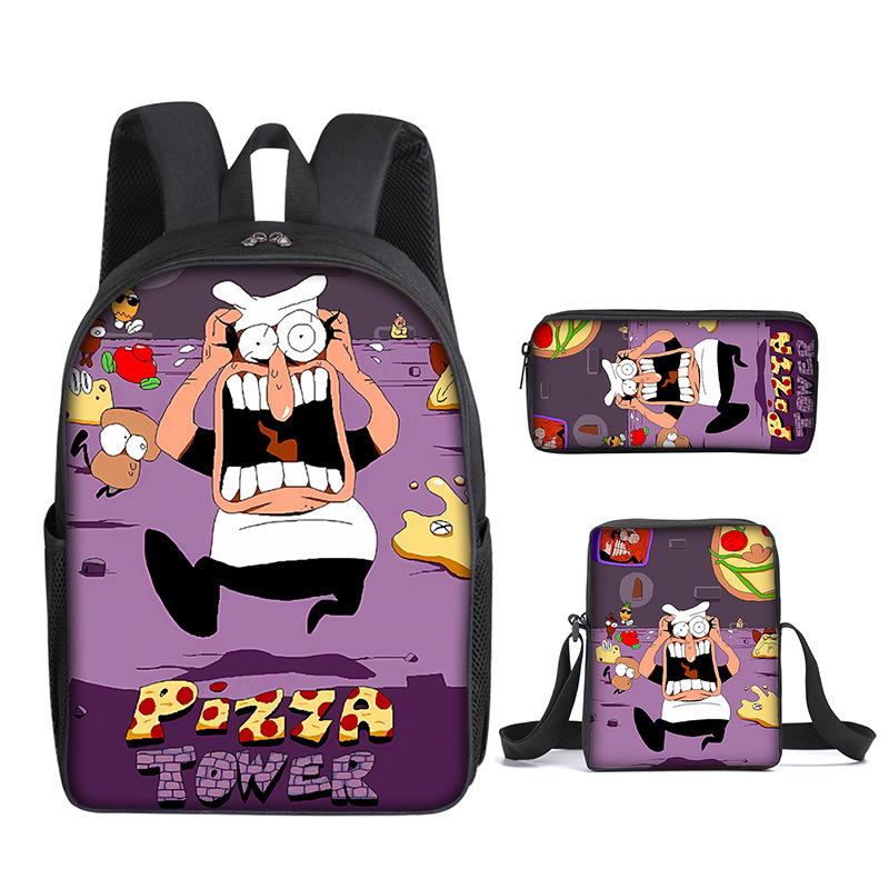 Mode Nouveauté Luxe tour à pizza Impression 3D 3 pièces/Ensemble élève Sacs d'école Sac à dos pour ordinateur portable Sac à dos Sac à bandoulière incliné Trousse à crayons